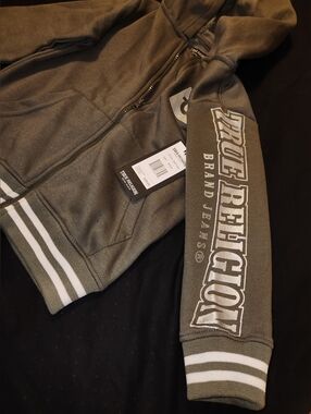 Boys True Religion Olive Green Zip-Up Hoodie with Sleeve Logo Size 5-6